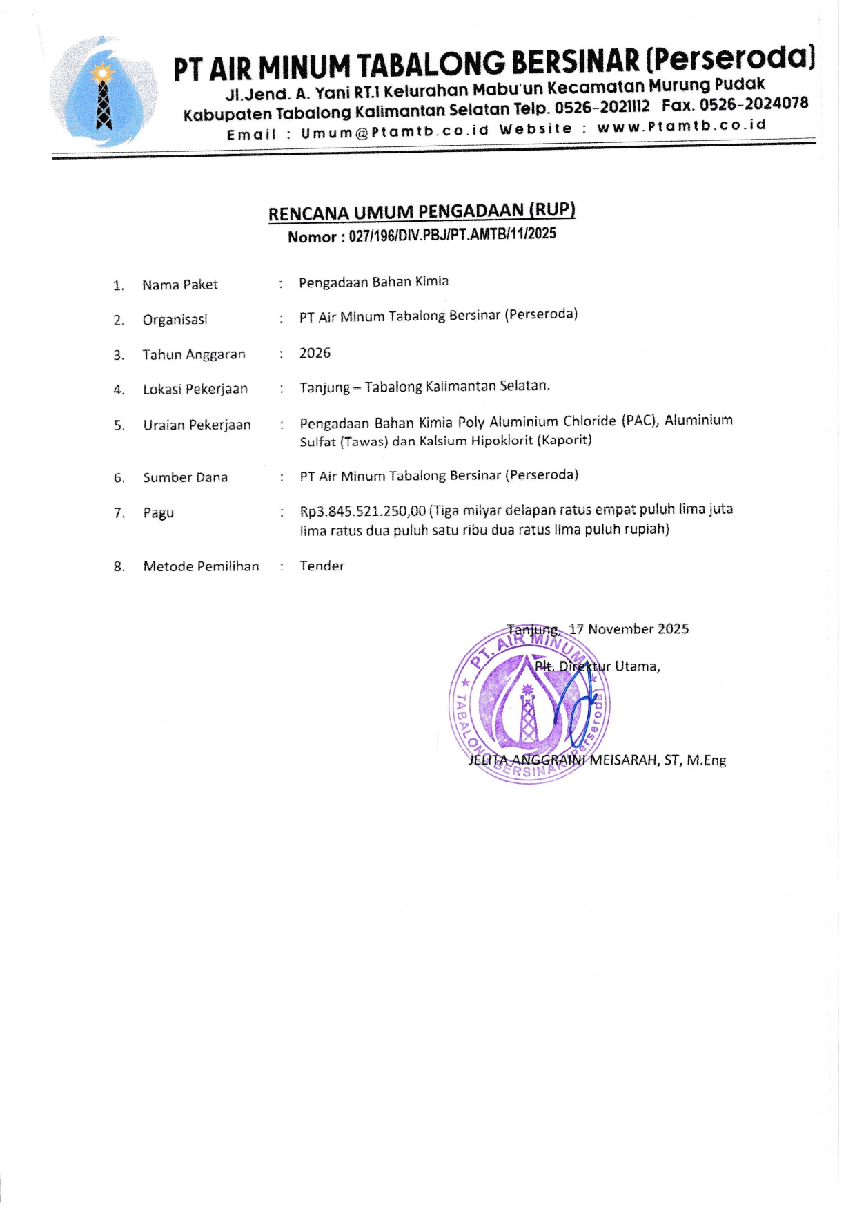 PENGUMUMAN TENDER PENGADAAN BAHAN KIMIA DAN POMPA PENGADAAN SERTA PENGADAAN DAN PEMASANGAN INVERTER + PERALATAN PENDUKUNG, LIFT GEDUNG KANTOR, DAN POMPA BOOSTER