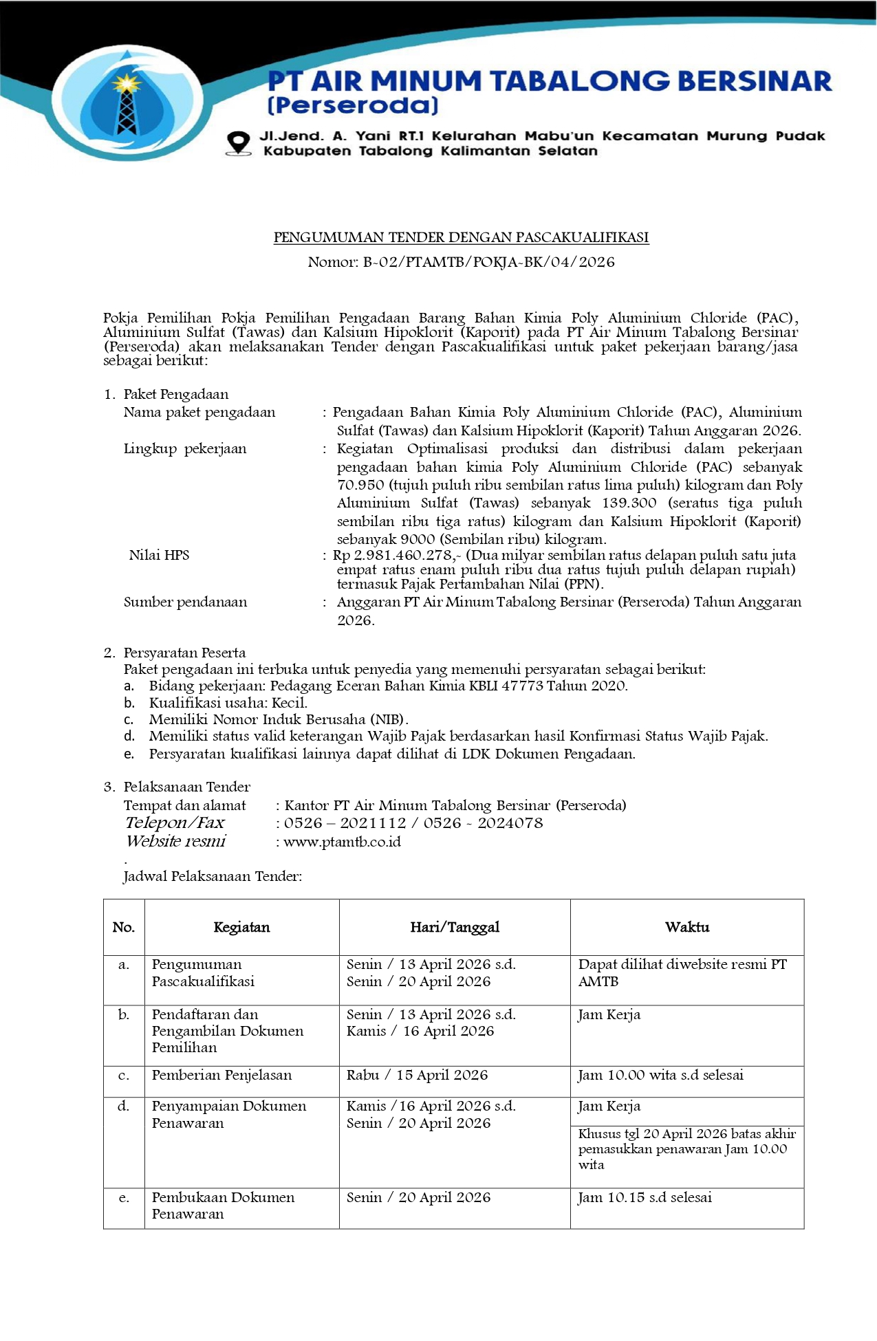 PENGUMUMAN TENDER DENGAN PASCAKUALIFIKASI