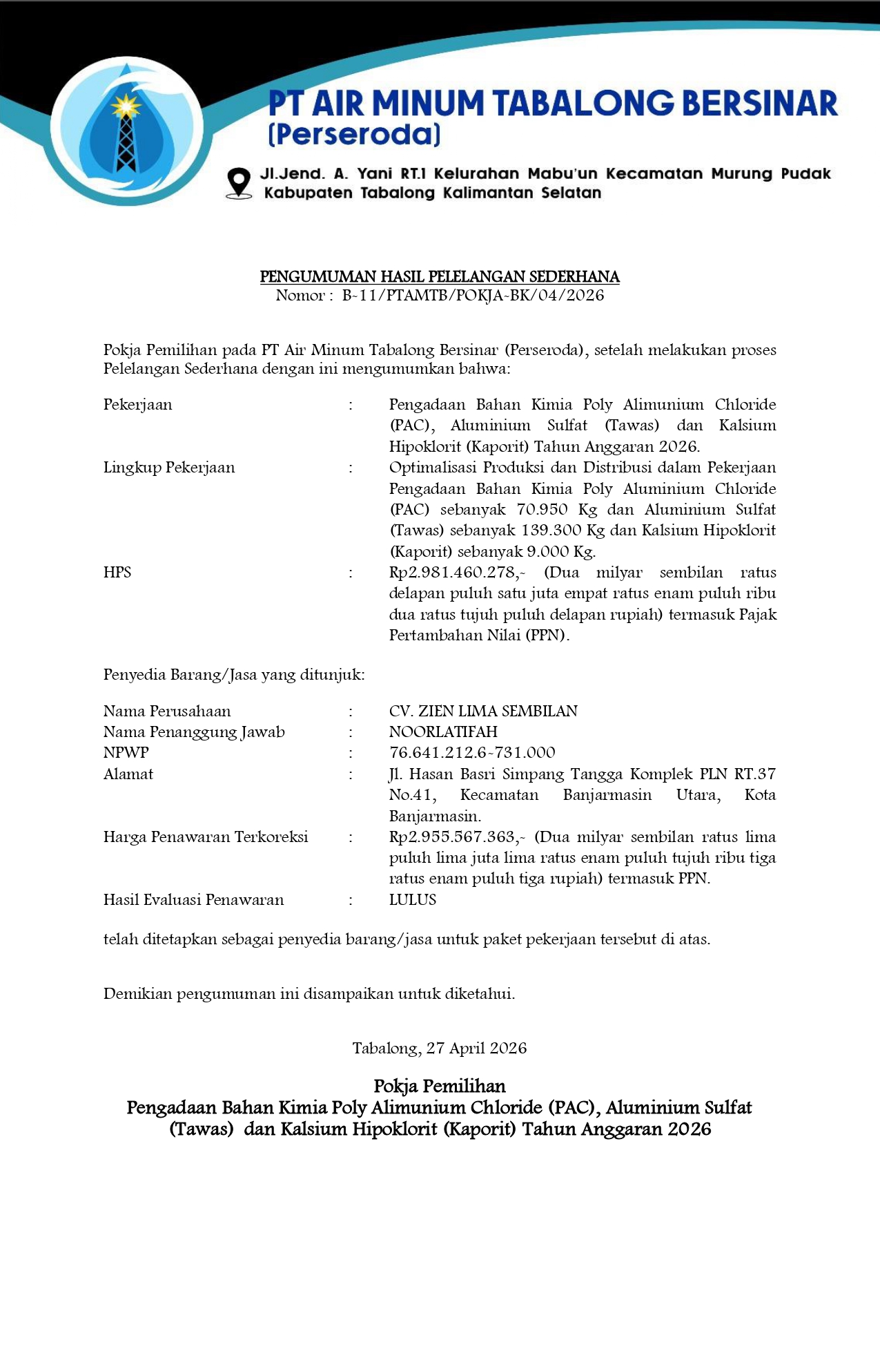 PENGUMUMAN HASIL PELELANGAN SEDERHANA